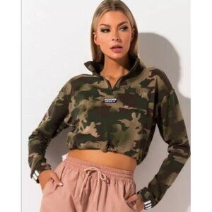 Adidas Originals Woman's Sz L Vocal Aop 1/2 Zip Cropped Camo Green Sweatshirt
